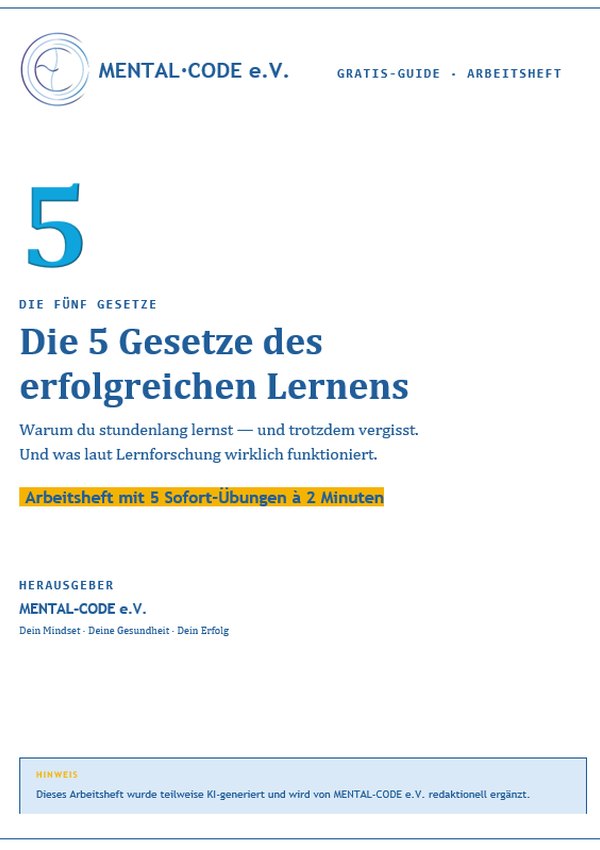 Titelseite des Arbeitshefts Die 5 Gesetze des erfolgreichen Lernens von MENTAL-CODE e.V.